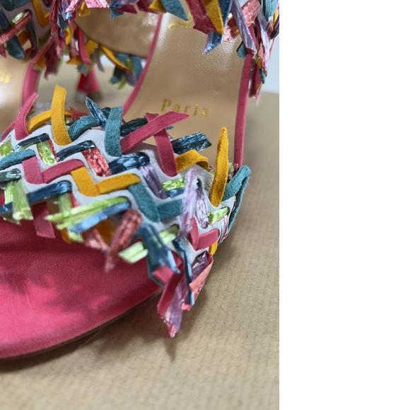 Meroine Pink Rainbow Woven 85mm raffia fringe heels mules D976 - Picture 5 of 11